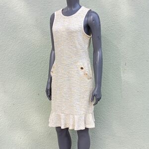 LOFT PETITES LADIES YELLOW TWEED 80% COTTON SLEEVELESS KNEE-LENGTH DRESS